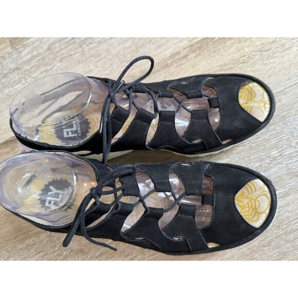 Fly London Yexa Black Leather Lace Up Gladiator Wedge Sandals Sz 9 Boho Festival - Picture 2 of 8